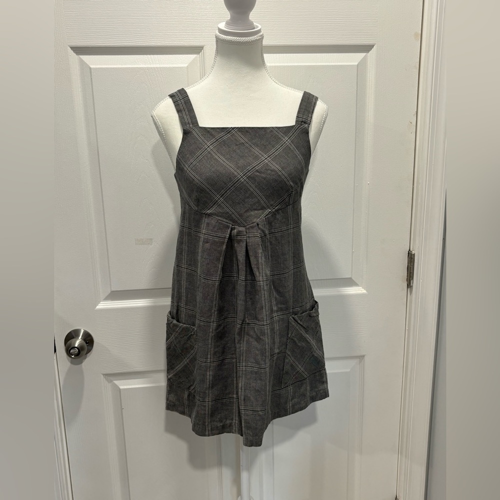 As U Wish Grey Plaid Pinafore dress with a square neckline and wide straps Sz Sm